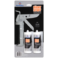 Permatex front packaging showing two 5 oz. tubes and included caulking gun for fast repairs