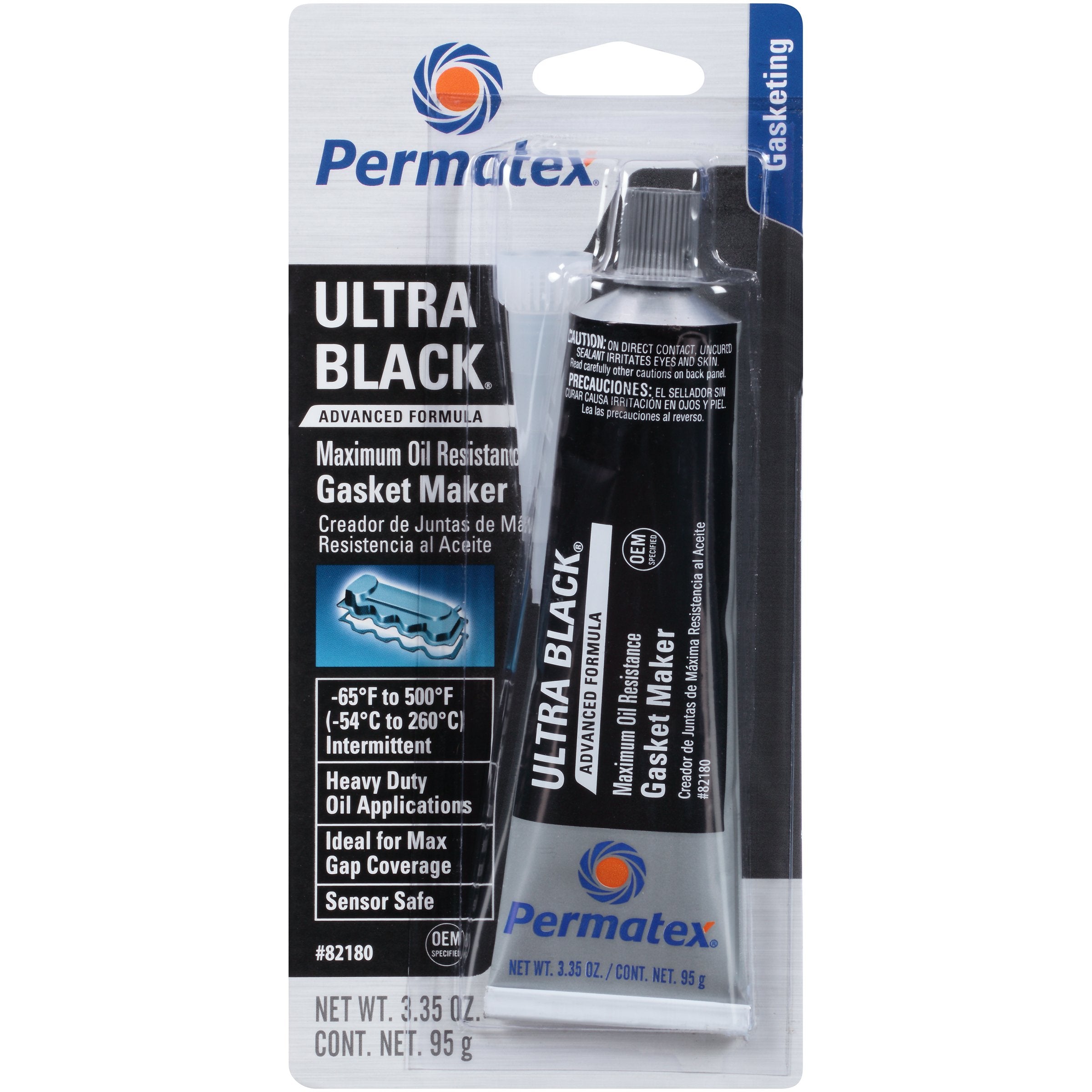 Permatex Ultra Black front tube showing label and tube tip for precise gasket application