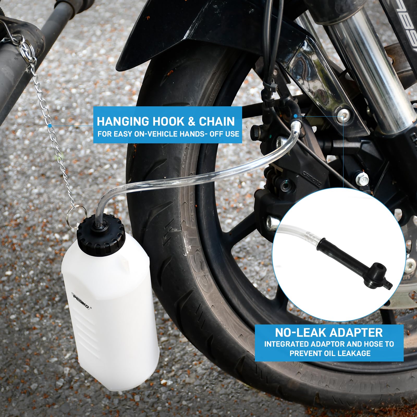 PESIKO bottle in use on vehicle illustrating tidy brake fluid capture and reduced workshop mess