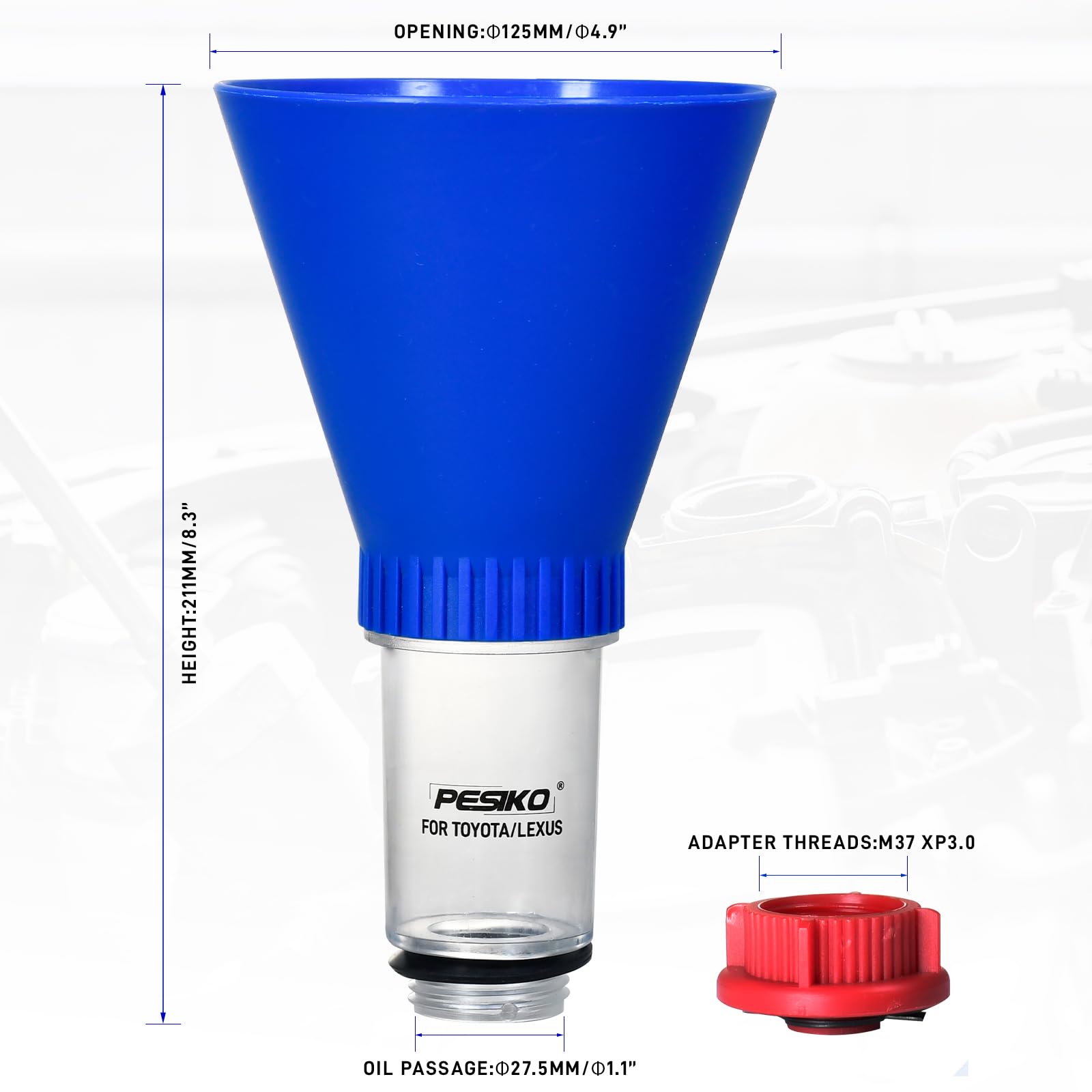 PESIKO funnel with red adapter illustrating added BMW and Volkswagen compatibility