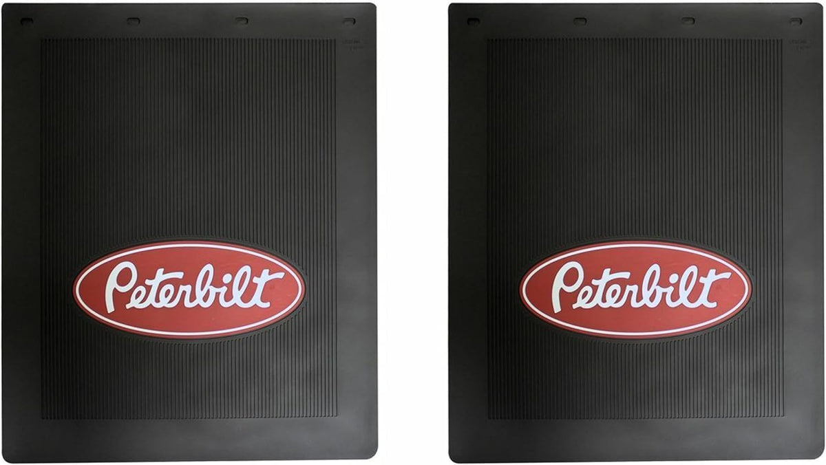 PETERBILT front view mud flaps showing durable rubber and road protection
