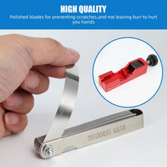 Peuxmall side profile of red spark plug gap tool showing ergonomic housing for easy grip