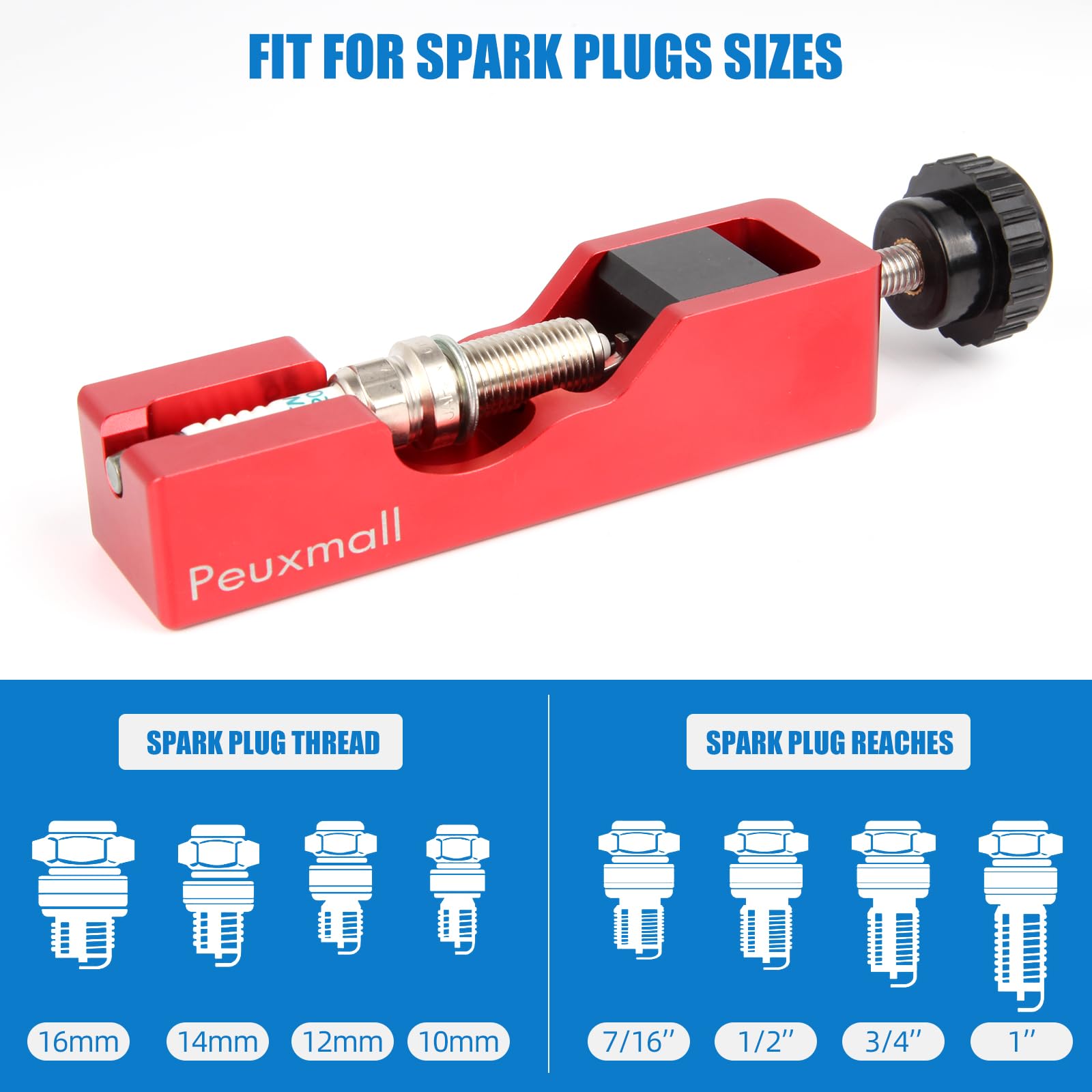 Peuxmall spark plug gap tool beside ruler showing compact size for on-the-go use
