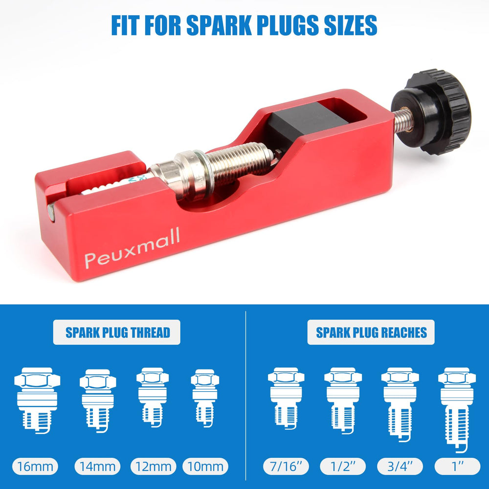 Peuxmall spark plug gap tool beside ruler showing compact size for on-the-go use