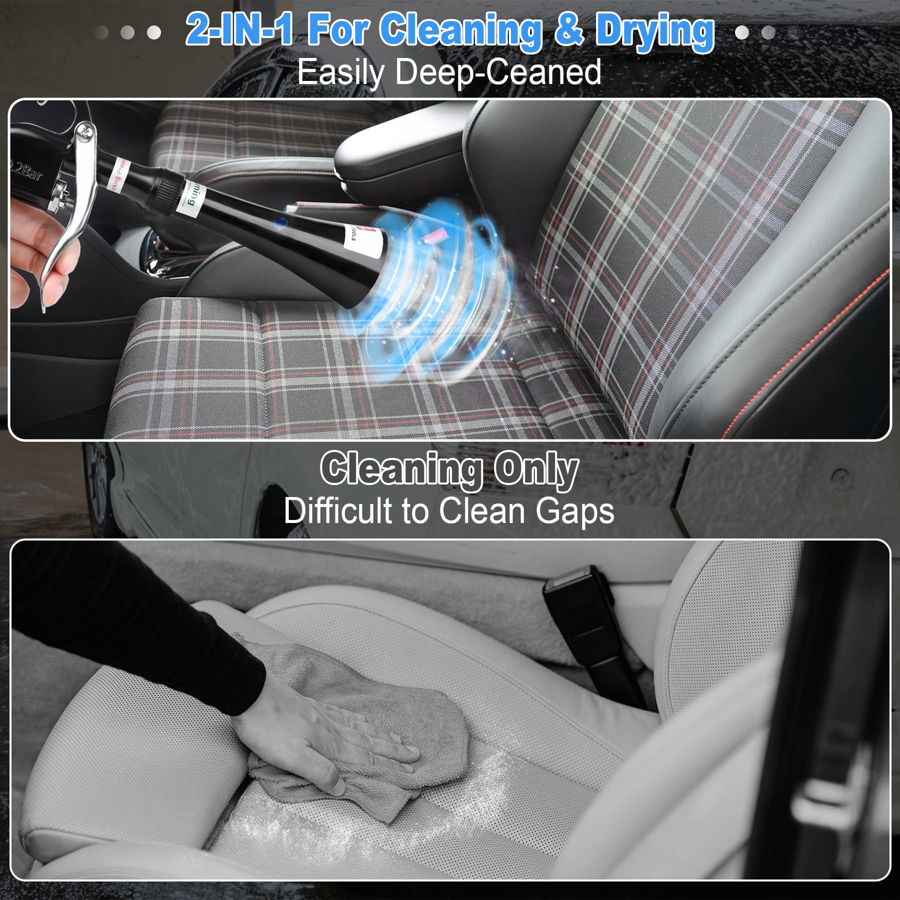 phepetroll in use blowing dust from dashboard for quicker interior cleaning