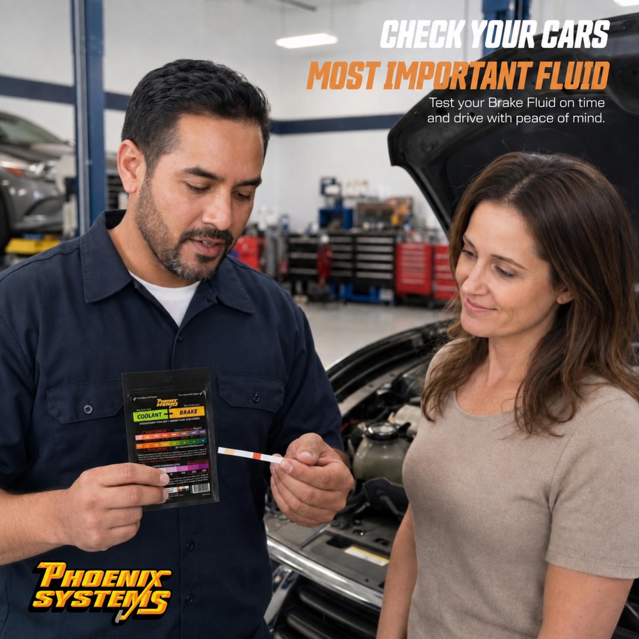 Phoenix Systems strip testing radiator reservoir demonstrating safe coolant check