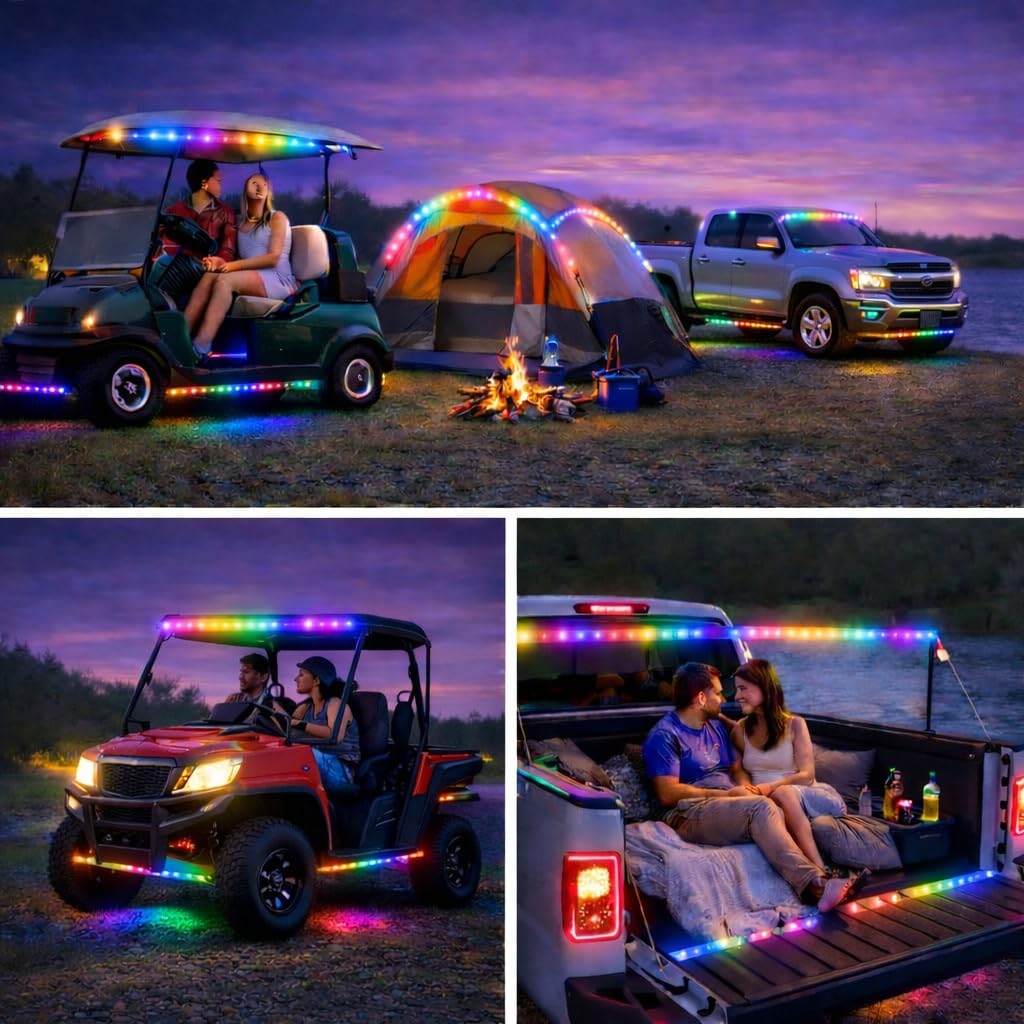 Phosfera lifestyle nighttime golf cart with canopy lights enhancing atmosphere and safety
