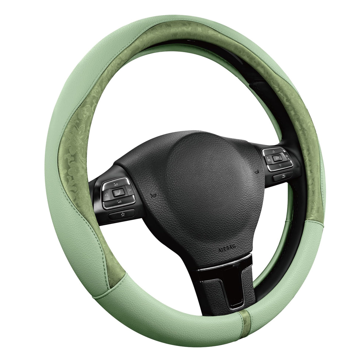 PIC AUTO front view of green patterned steering wheel cover showing style and fit