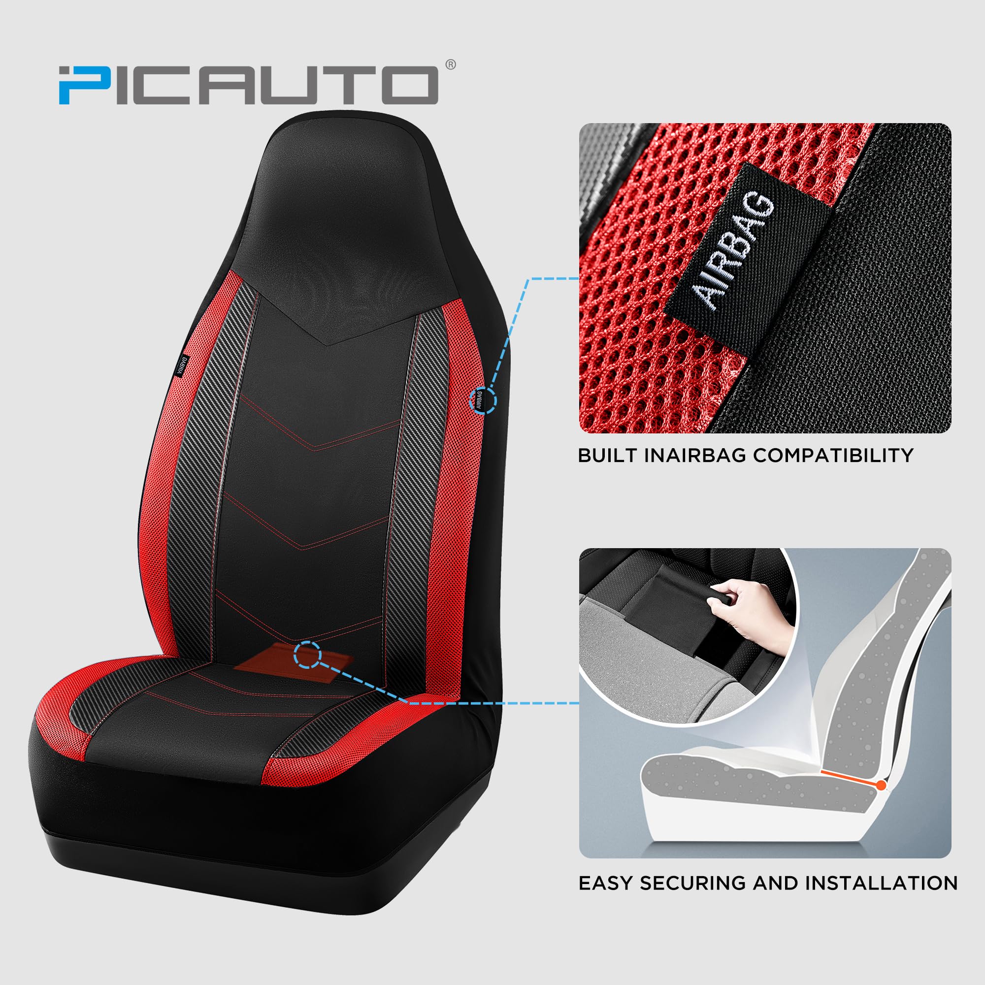 PIC AUTO side airbag seam detail illustrating safe airbag deployment compatibility