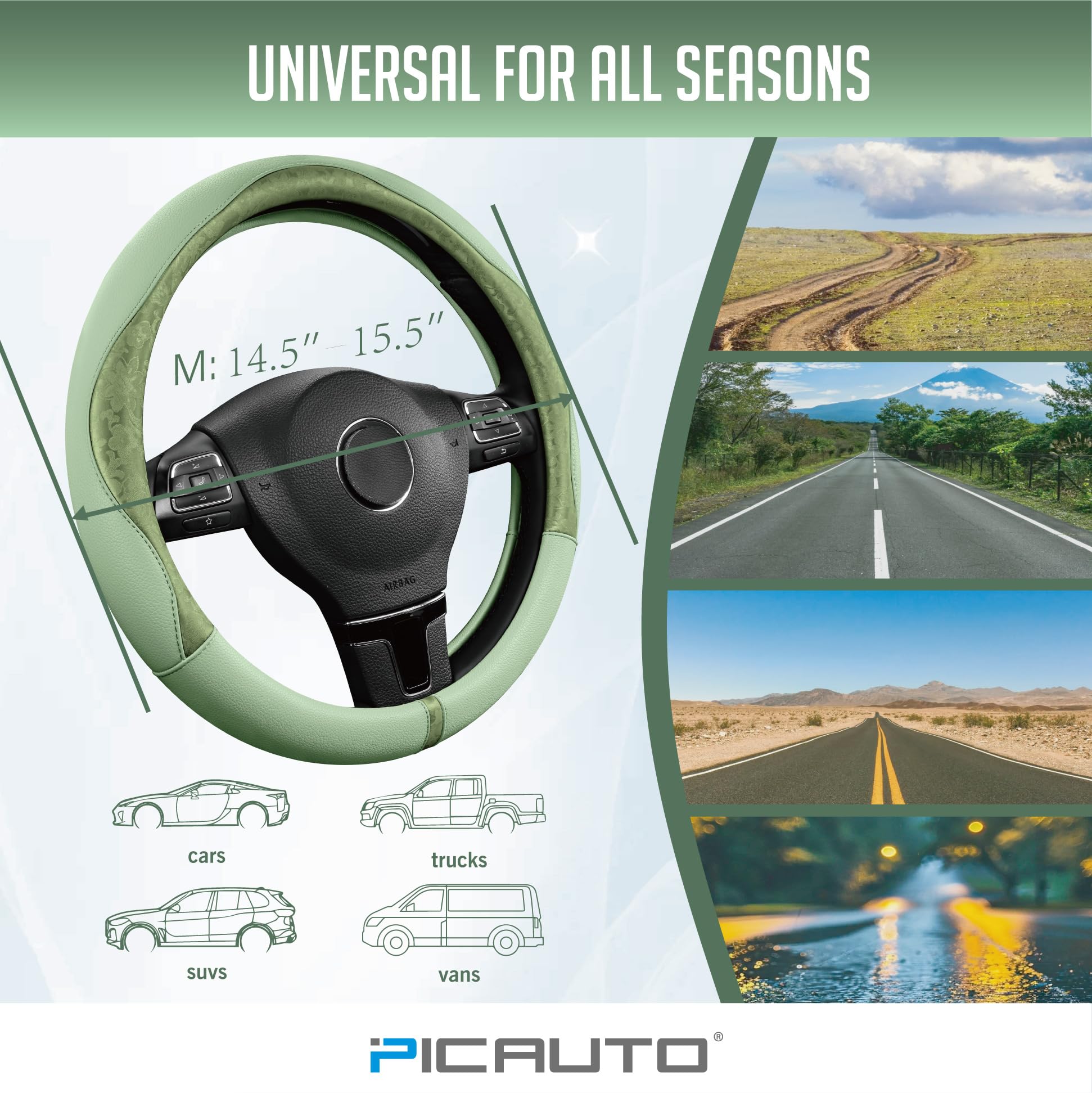 PIC AUTO comparison showing fit on 14.5 to 15.5-inch steering wheel sizes