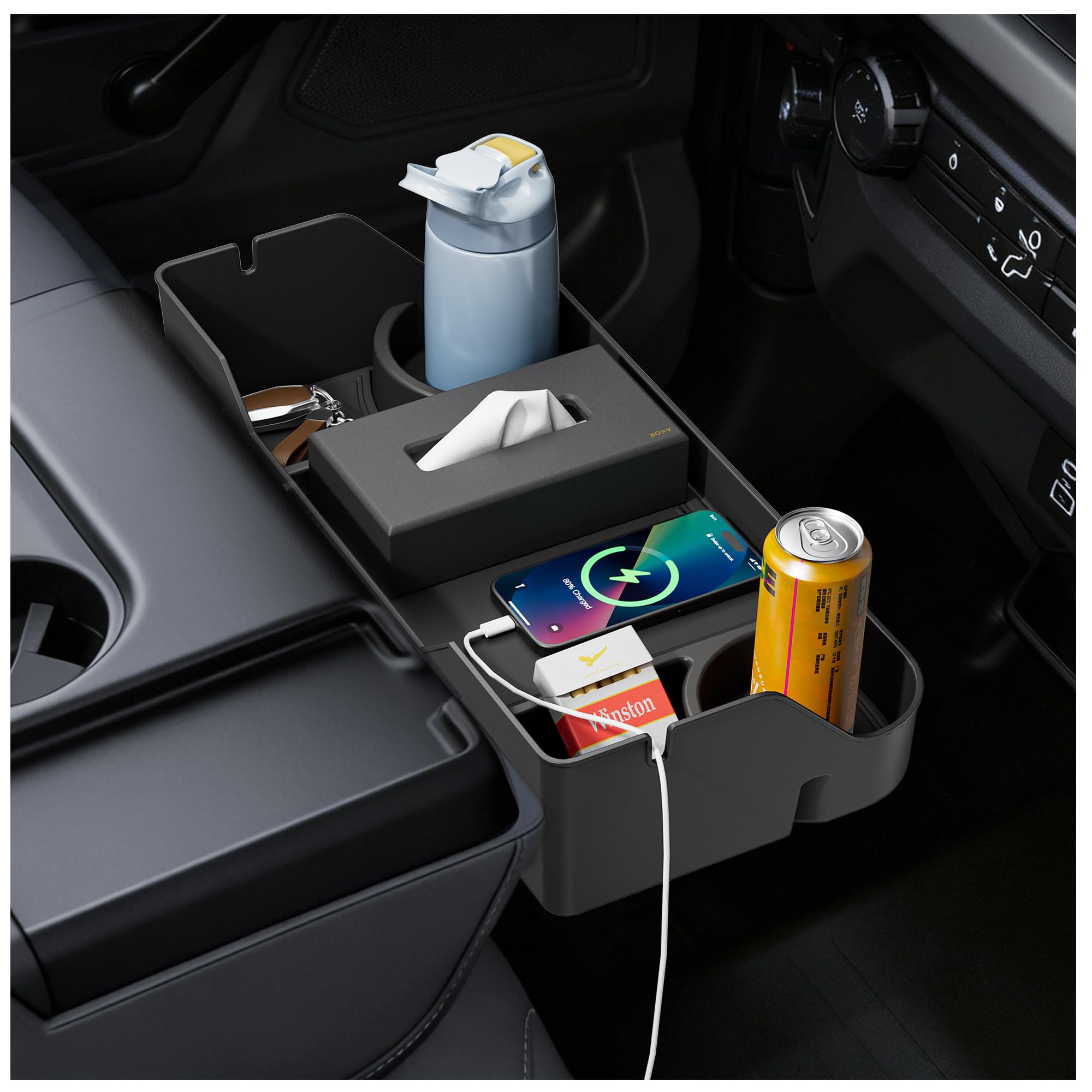 PICURA front view headrest organizer showing compartments for tidy storage