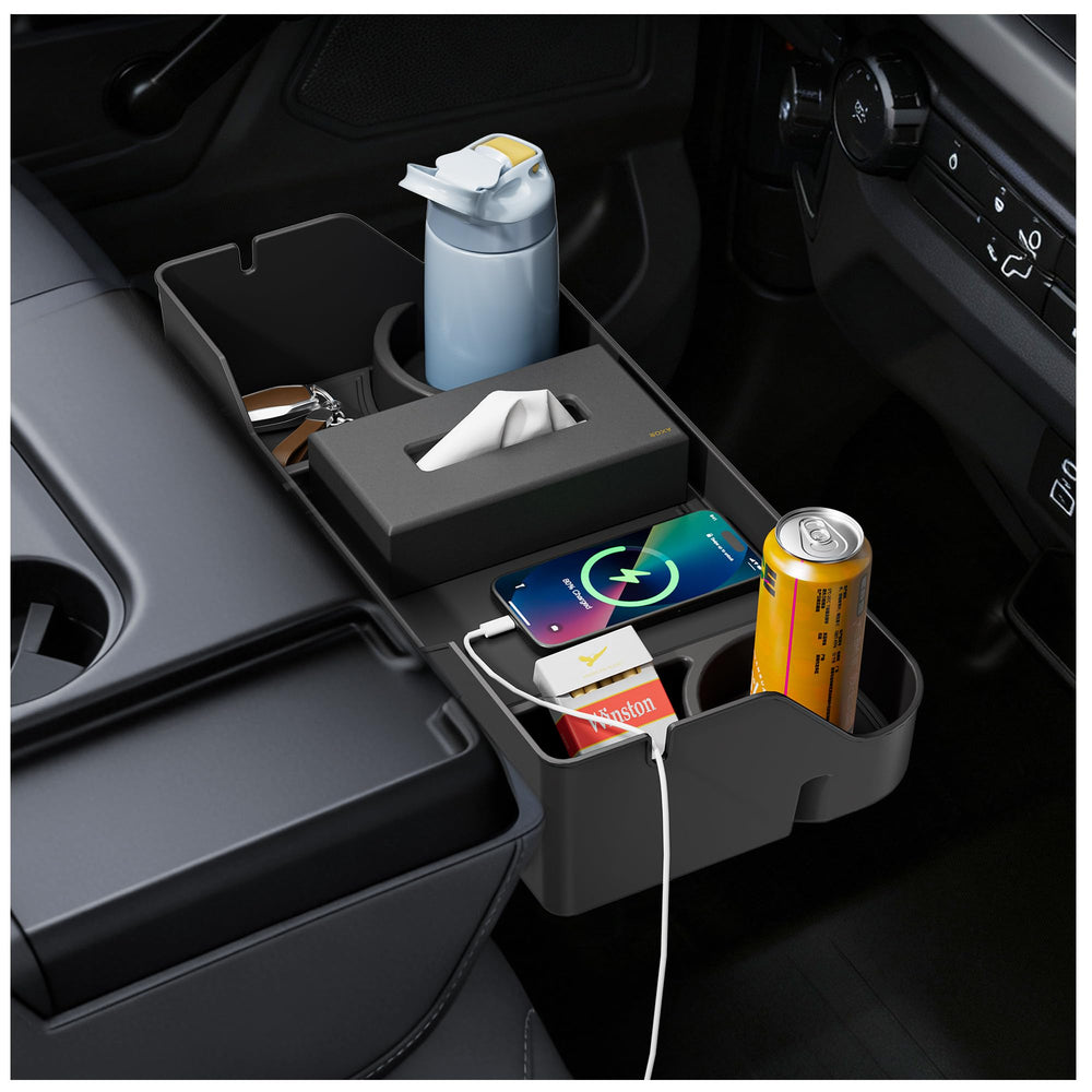 PICURA front view headrest organizer showing compartments for tidy storage