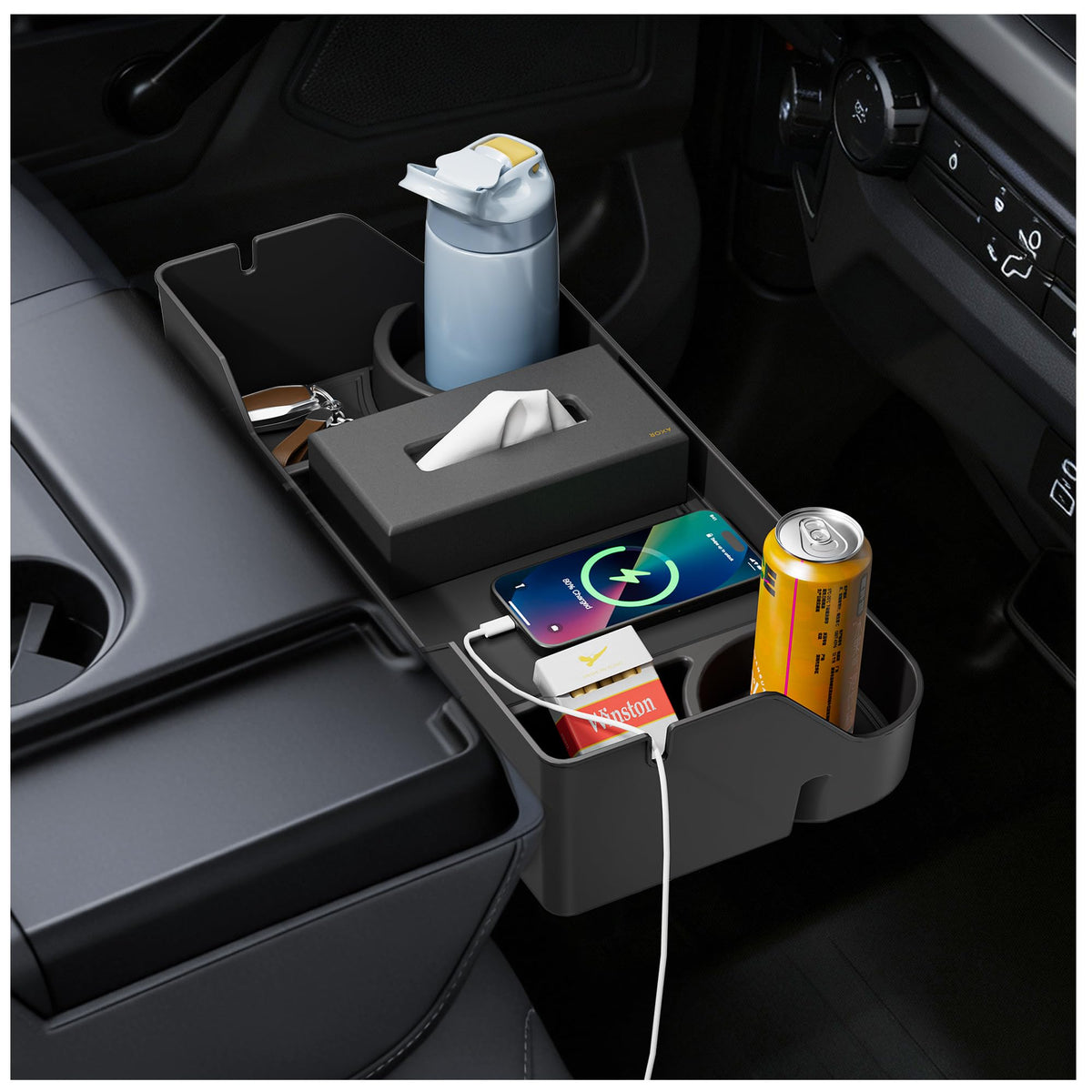 PICURA front view headrest organizer showing compartments for tidy storage