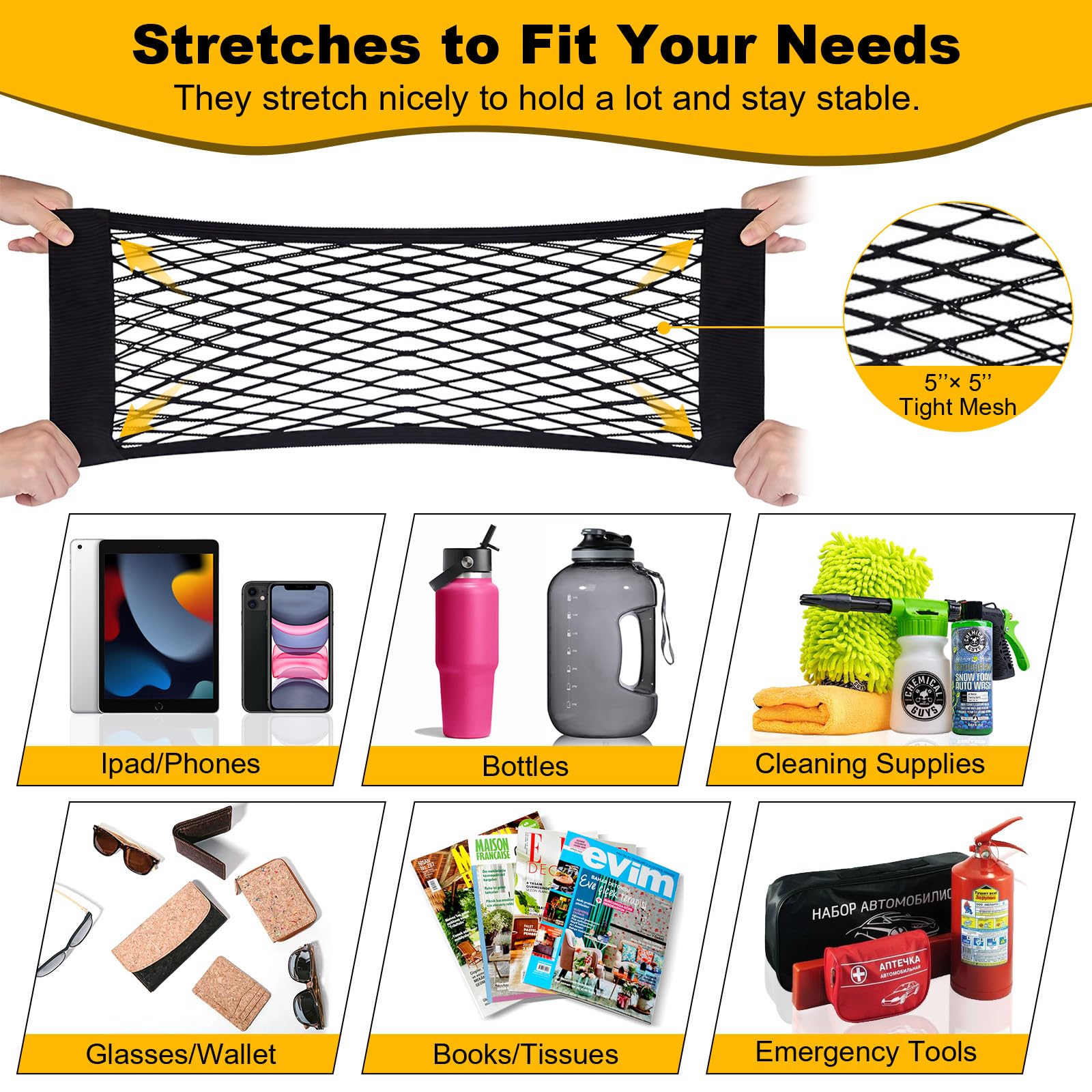 PIFOOG net mounted to backseat holding tablets and snacks for quick access