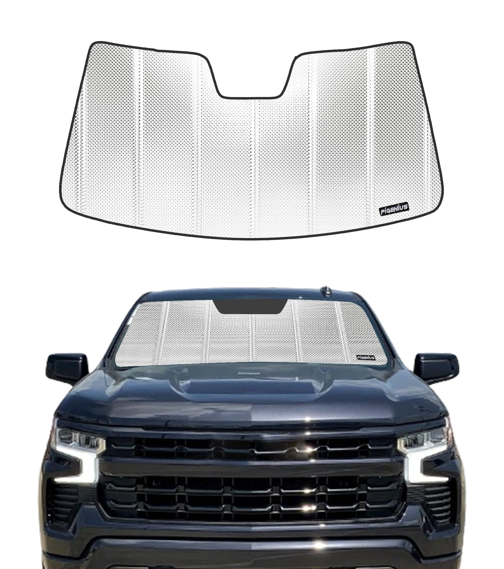 Pigenius BLAZBLOCK front view showing full windshield coverage and reflective protection