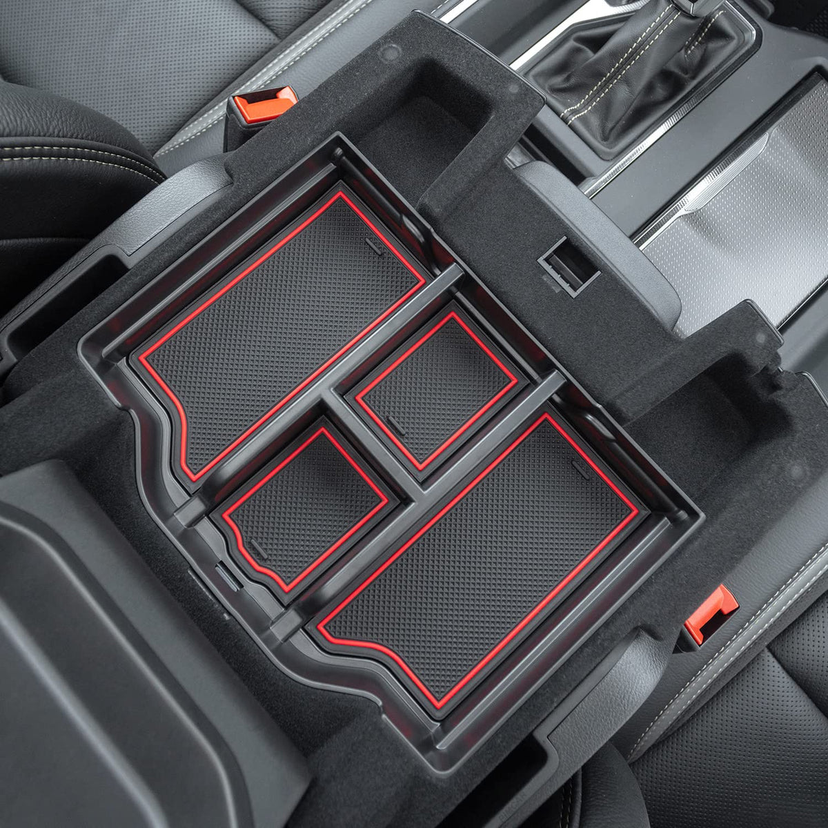 PIMCAR front view of tray showing red trim and tidy compartments for organized storage