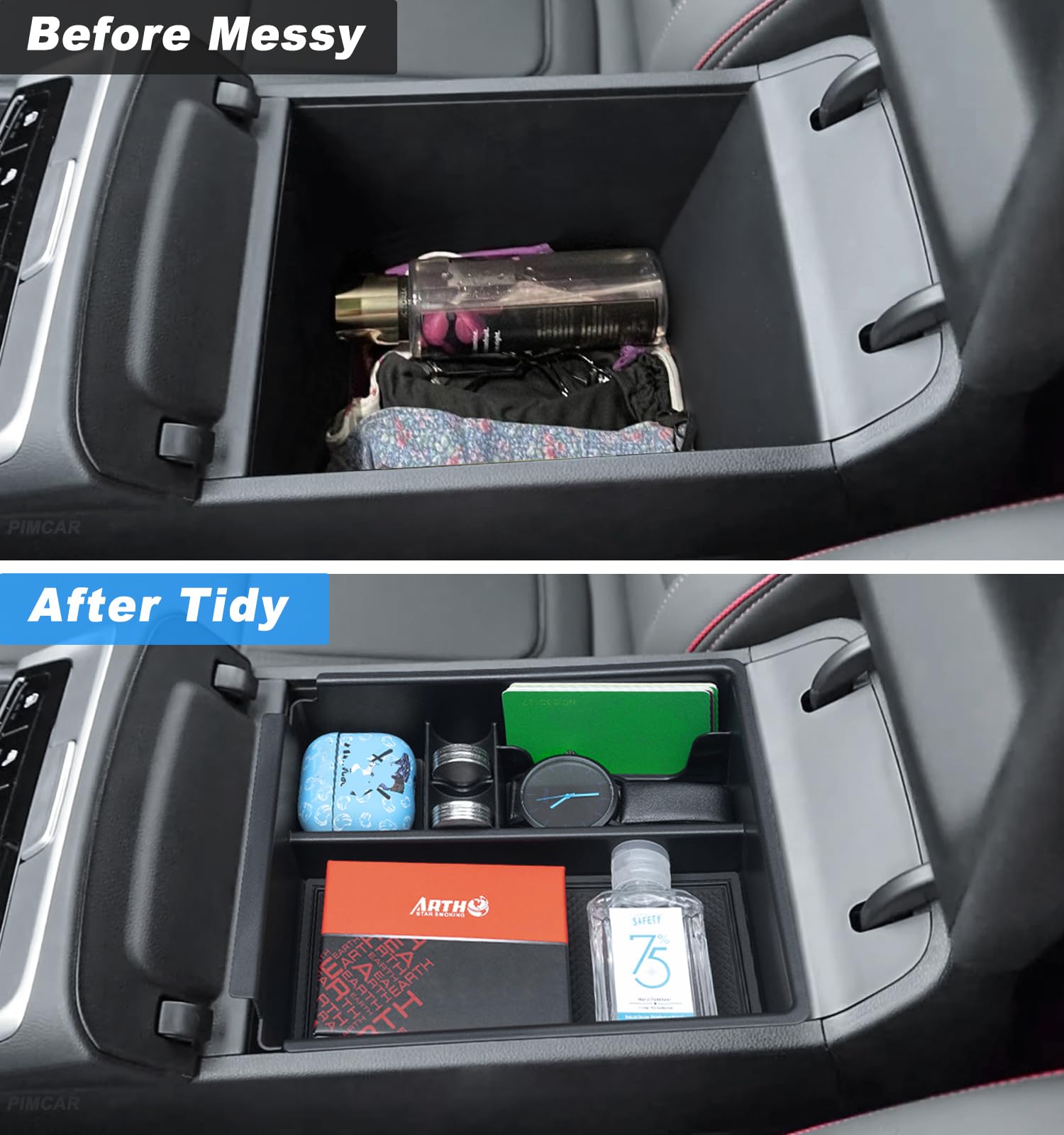 PIMCAR tray holding phone sunglasses coins showing organized storage benefit