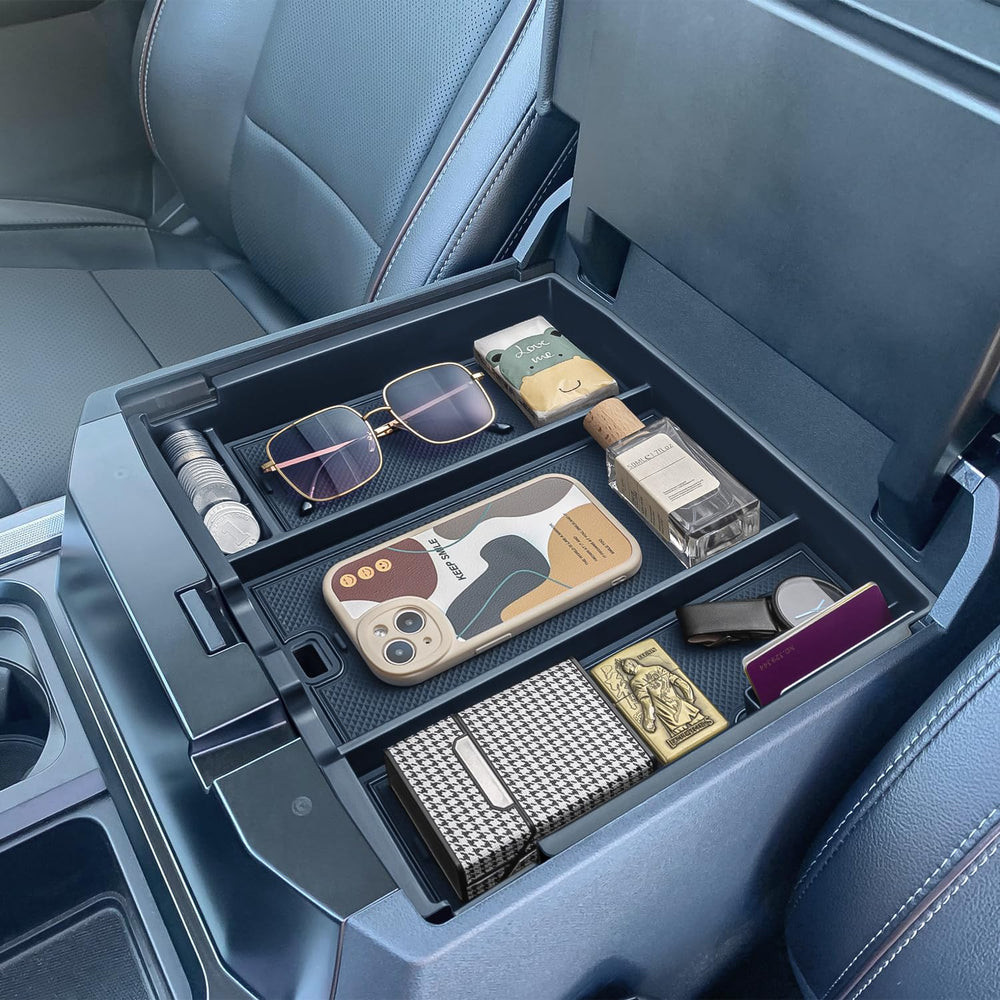 PIMCAR front view of full console tray showing organized storage and clean fit