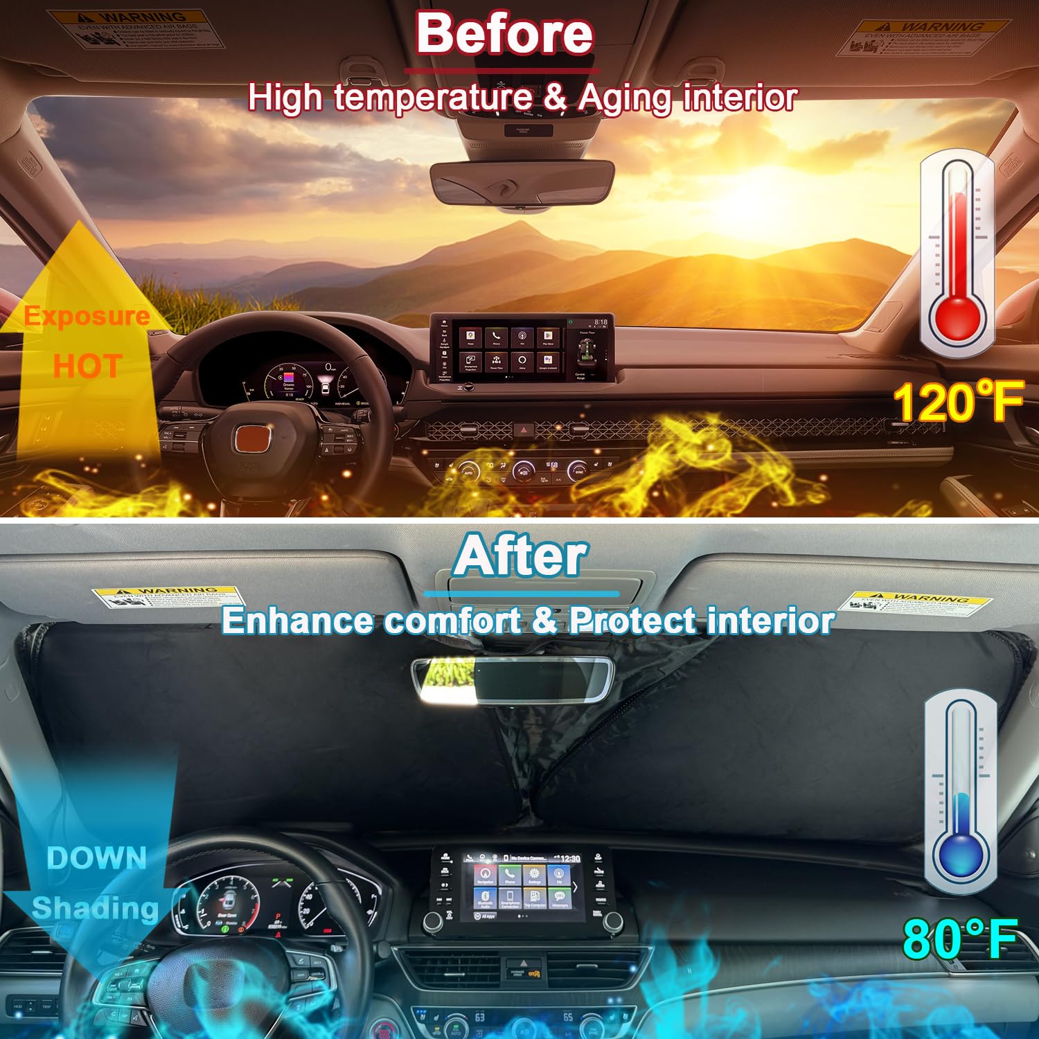 PIMCAR sun shade fully installed on Accord windshield, provides full coverage