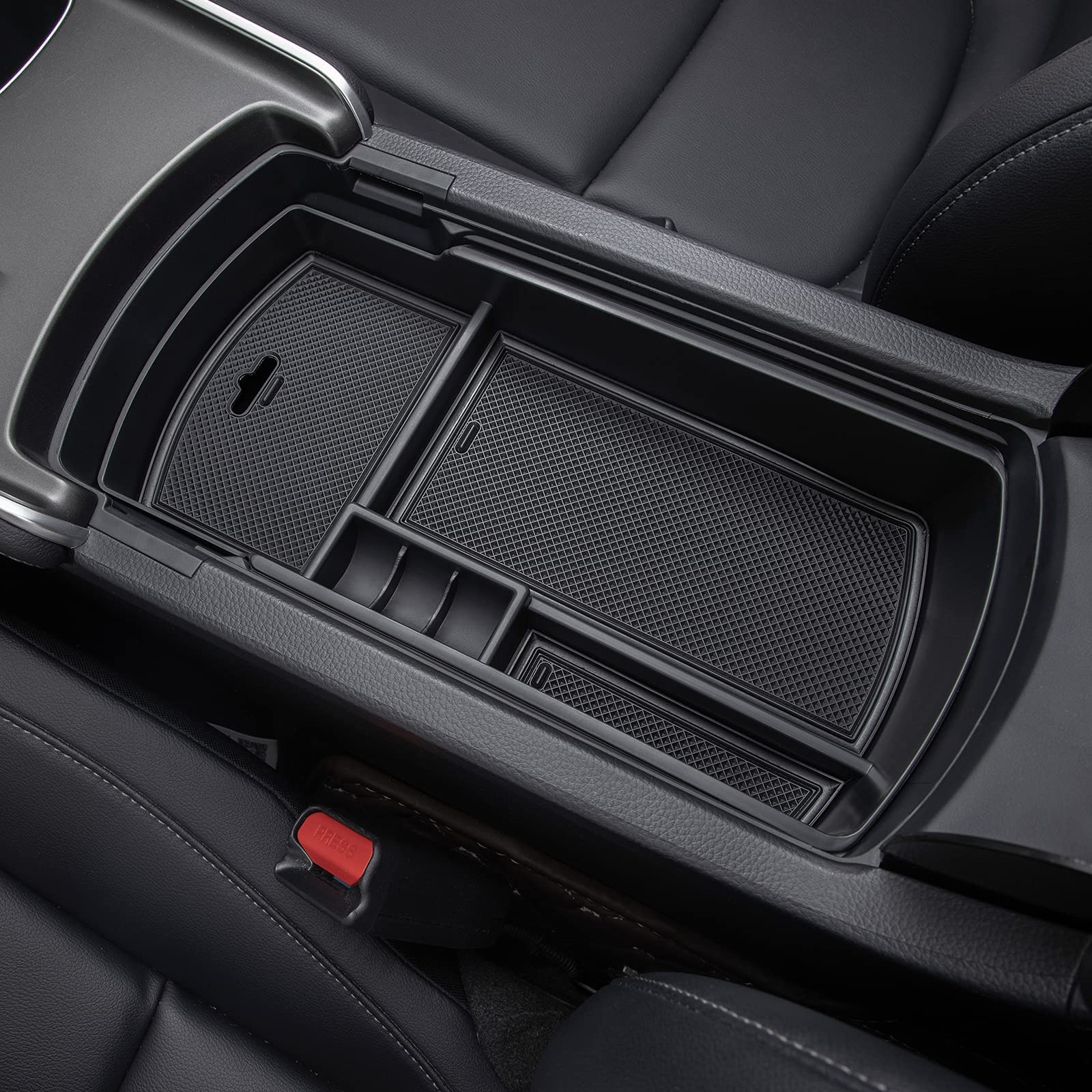 PIMCAR top-down view of open console showing two-tier storage layout