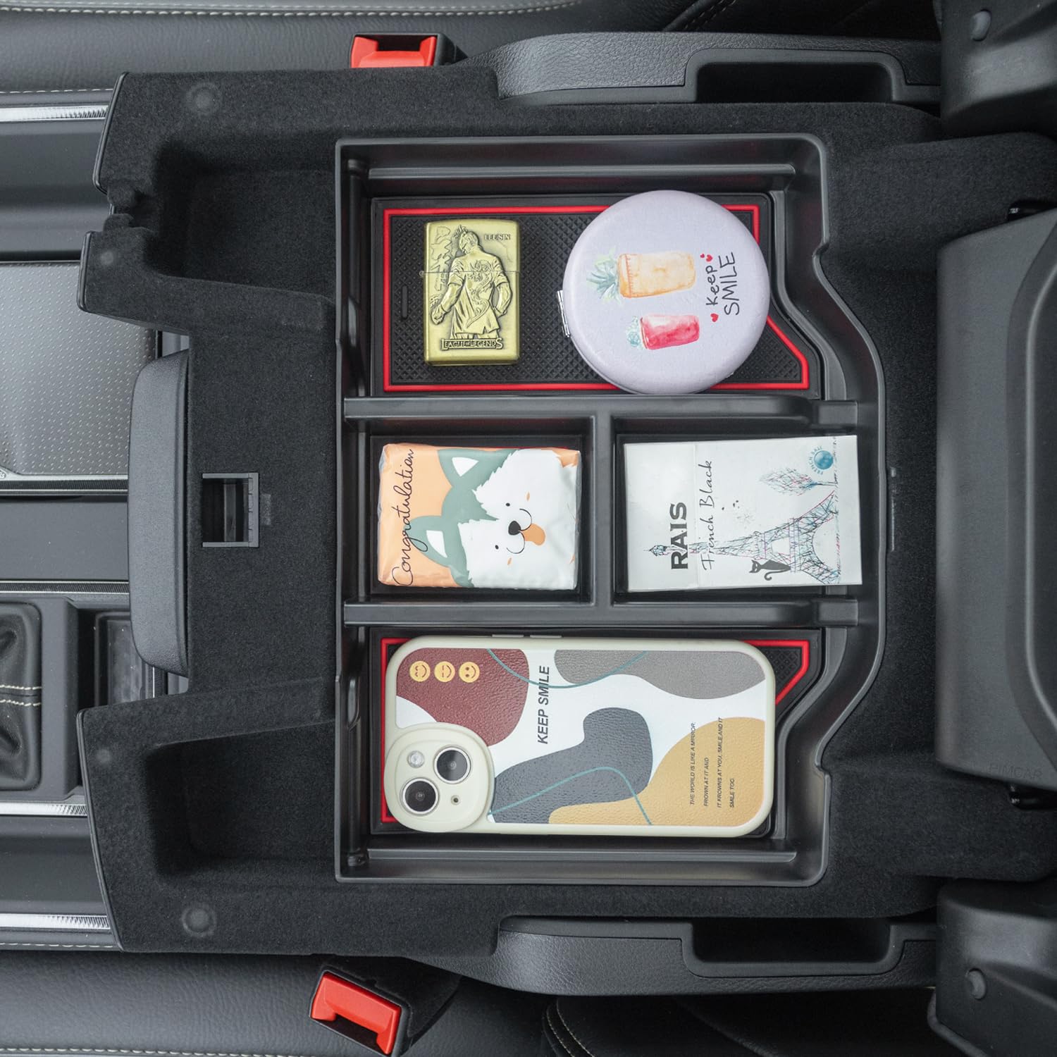 PIMCAR tray installed in Dodge RAM console demonstrating secure fit and added order