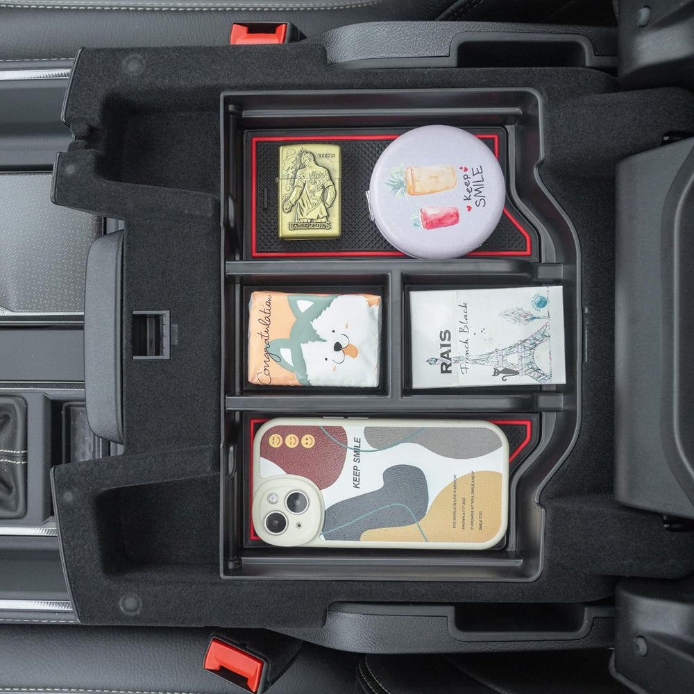 PIMCAR tray installed in Dodge RAM console demonstrating secure fit and added order