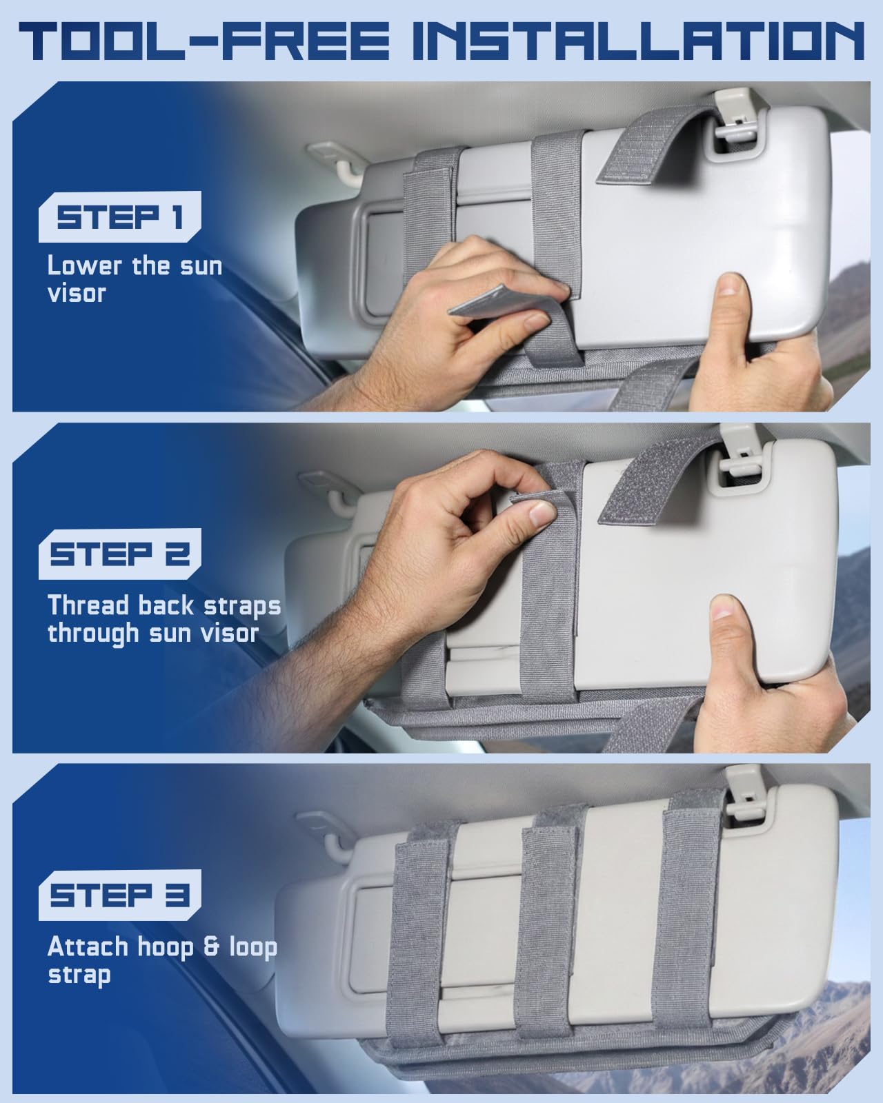 Pitozer installed on car sun visor in cabin, provides easy access while driving