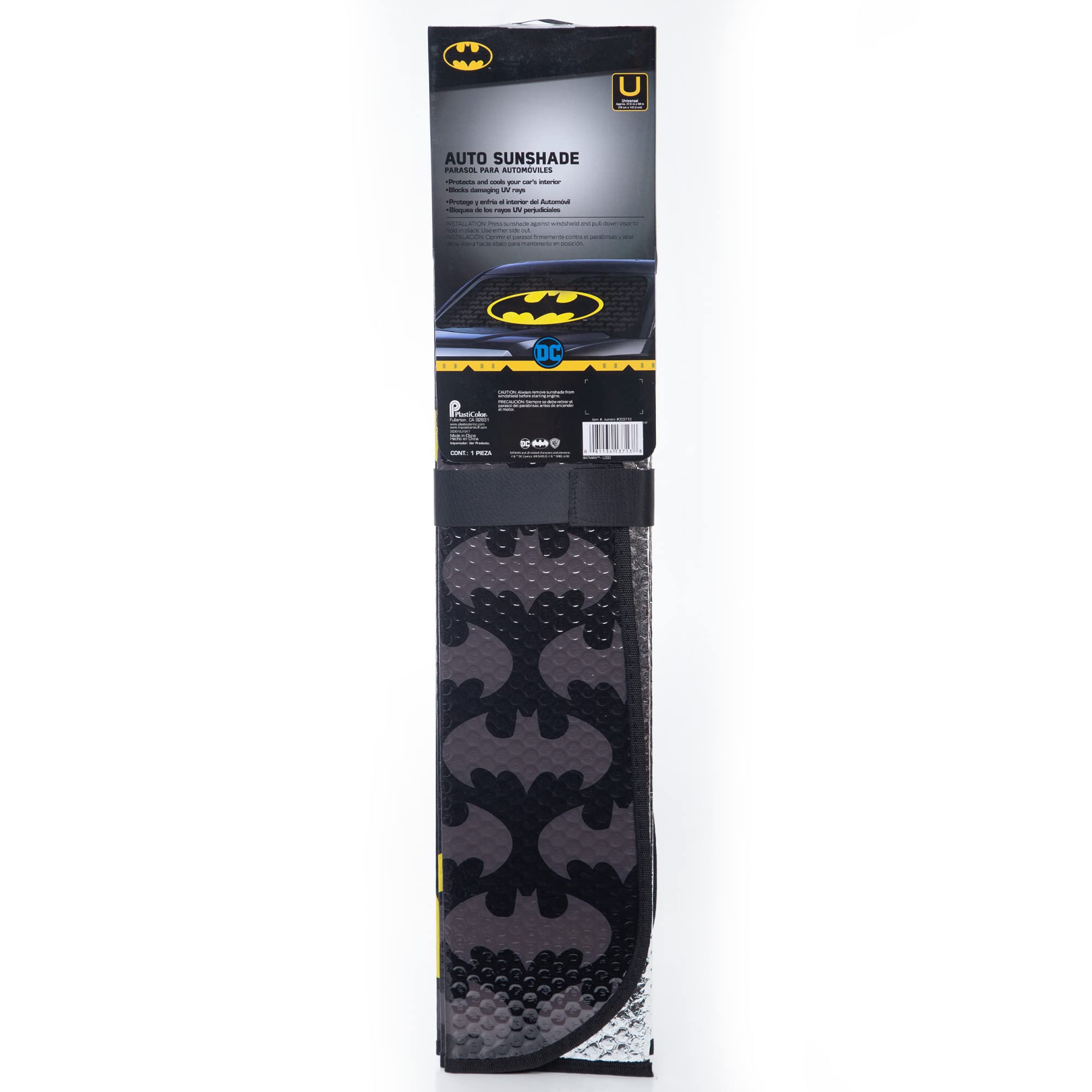 Plasticolor folded sunshade secured with embroidered strap for compact storage