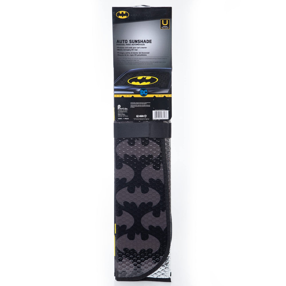 Plasticolor folded sunshade secured with embroidered strap for compact storage