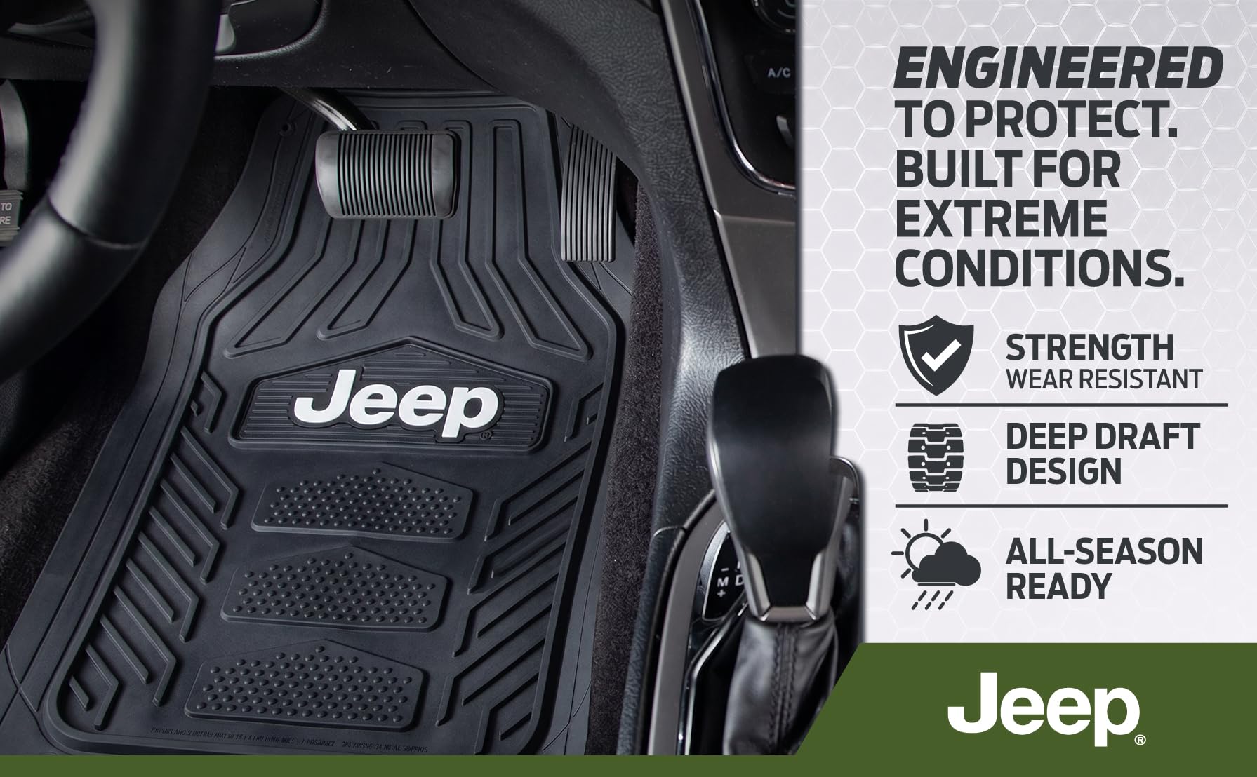 Plasticolor Jeep front mat top view showing full coverage and protection