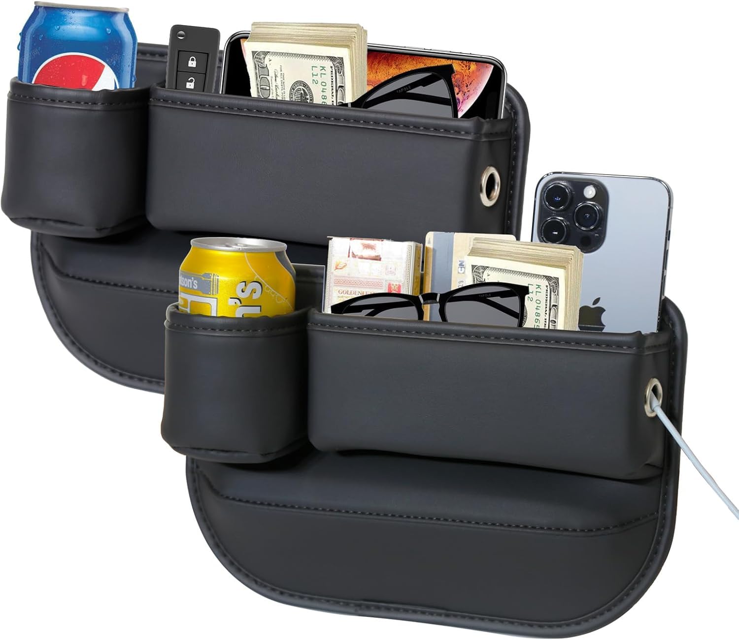 PLEW front view showing sleek black leather organizer and compact profile benefits