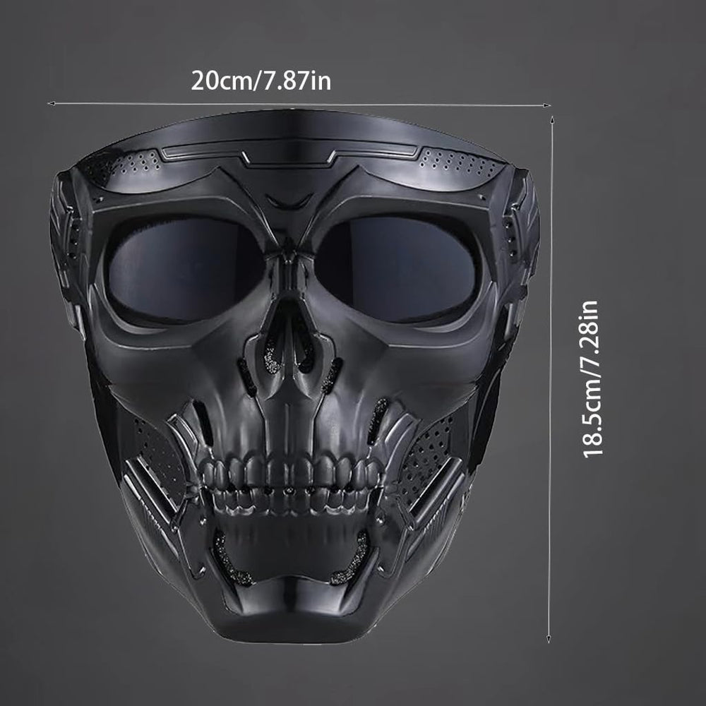 PLOOTA mask beside helmet for size comparison and compatibility reference