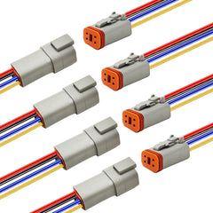 PLUXPAER front view of connector pack showing four male and female pairs and wires for quick installs