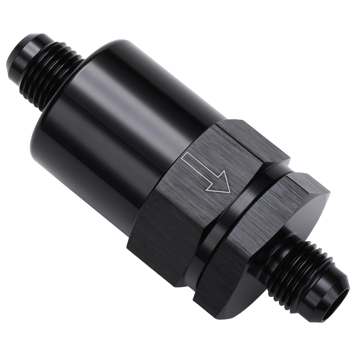Podavelle 6AN billet inline fuel filter front view showing inlet and outlet ports benefits leak-resistant connection