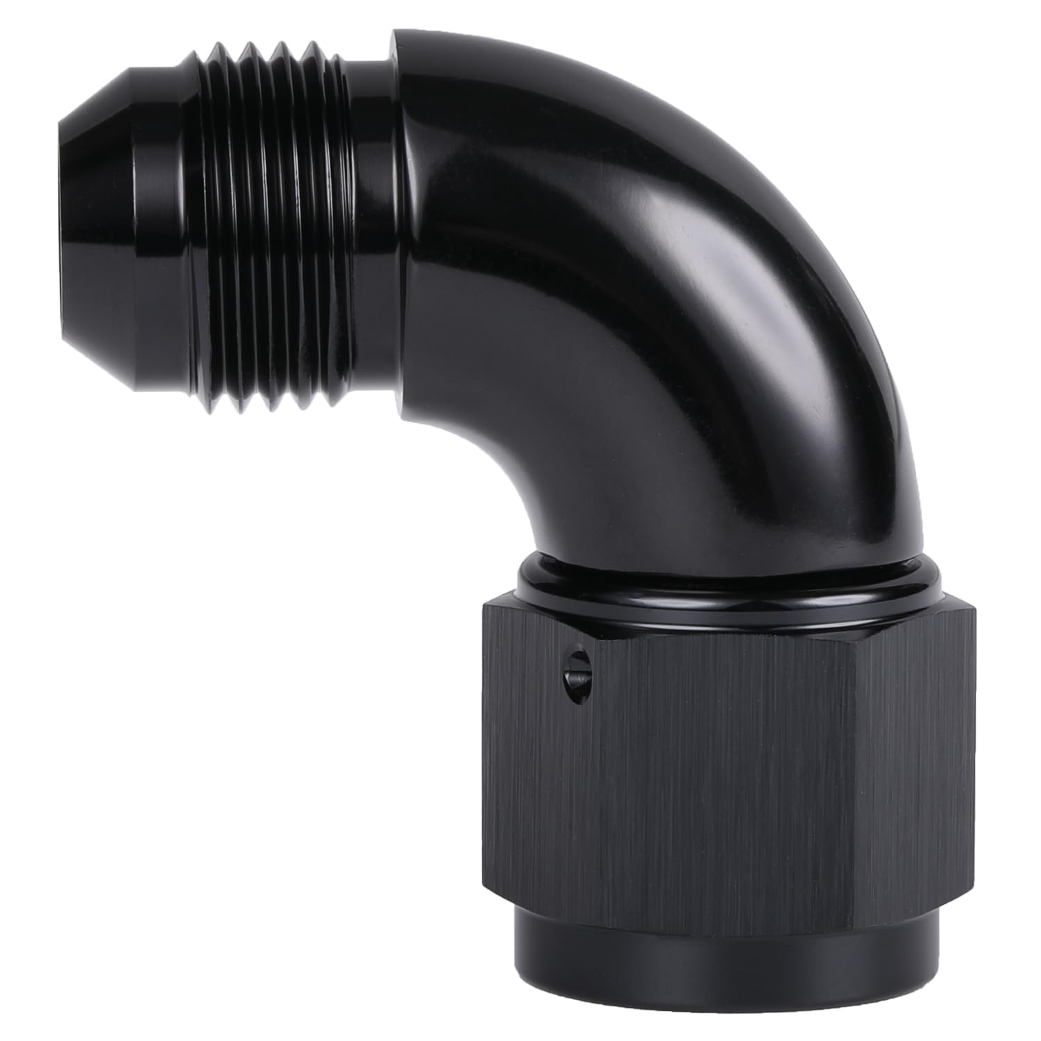 Podavelle front view of AN10 90° adapter showing ports and compact design, durable