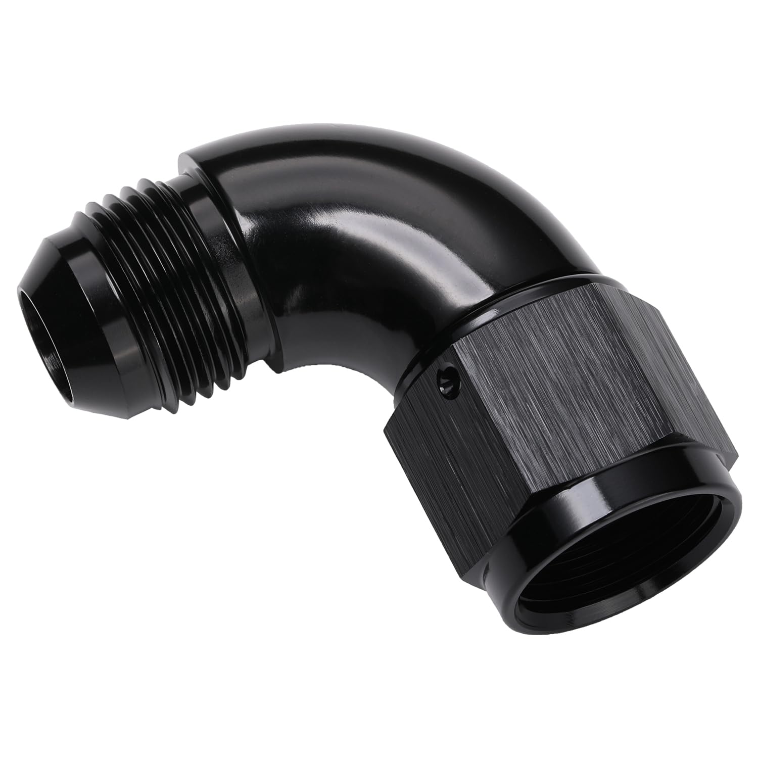 Podavelle installed adapter on AN10 hose demonstrating clean right-angle plumbing, reliable fit