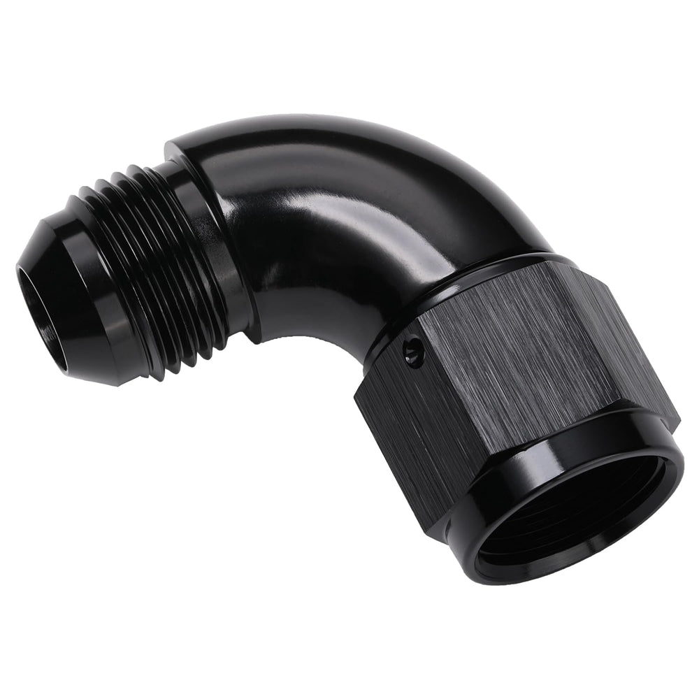 Podavelle installed adapter on AN10 hose demonstrating clean right-angle plumbing, reliable fit