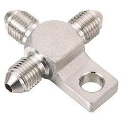 Podavelle tee block installed in engine bay anchoring AN3 line, reduces hose movement