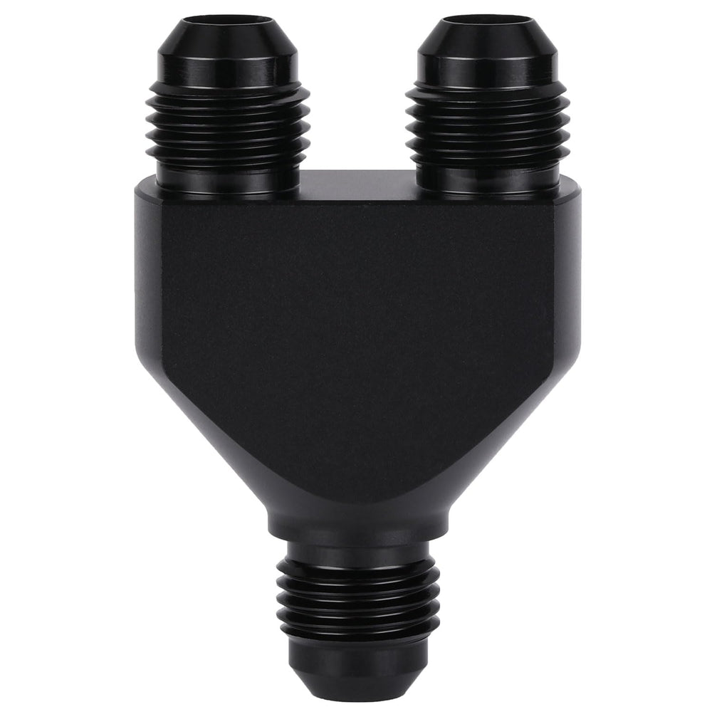 Podavelle Y-block front view showing AN6 ports and anodized finish for durability