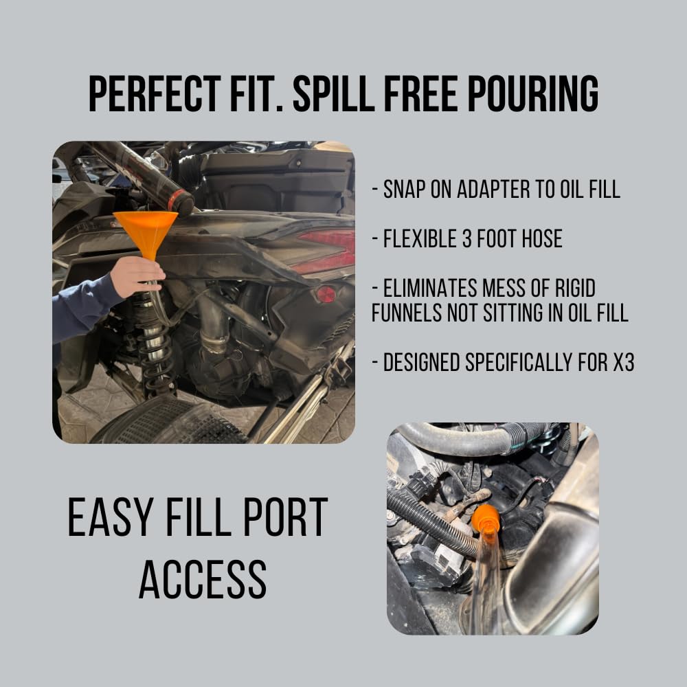 Podium Made drain funnel seated in skid plate directing oil straight into pan