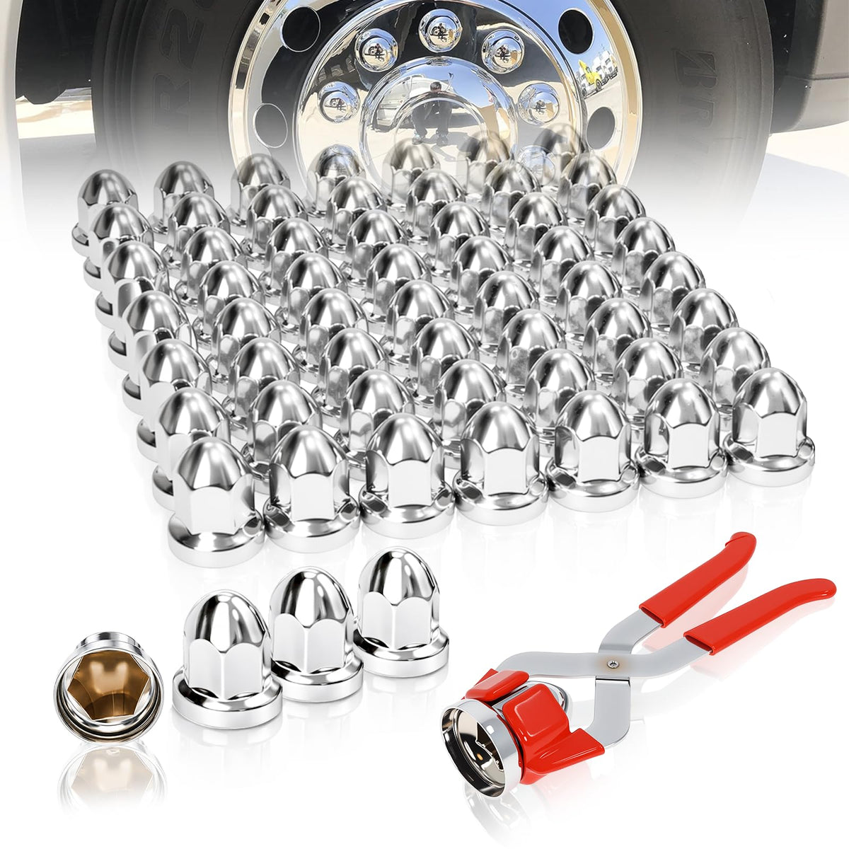Podoy front pack of 60 chrome lug nut covers showing contents and value