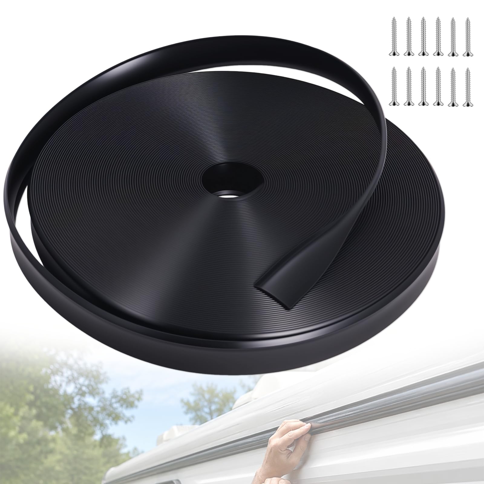 Podoy front view of rolled 100ft trim showing compact packaging and length benefit