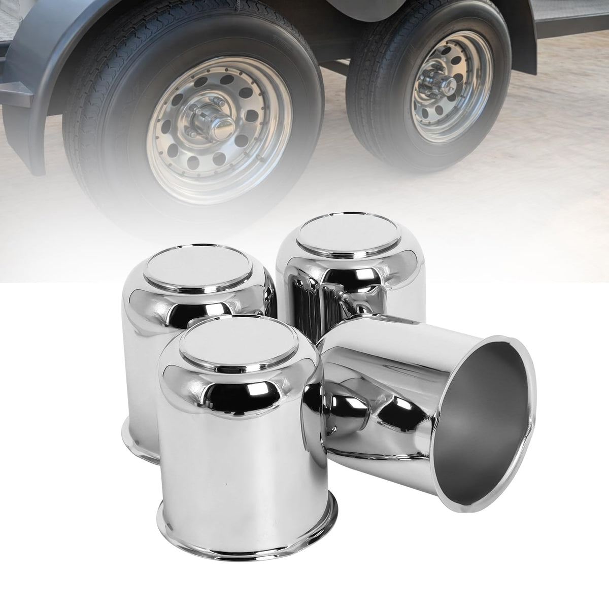 Podoy front view of four chrome-plated center caps showing clean finish and fit