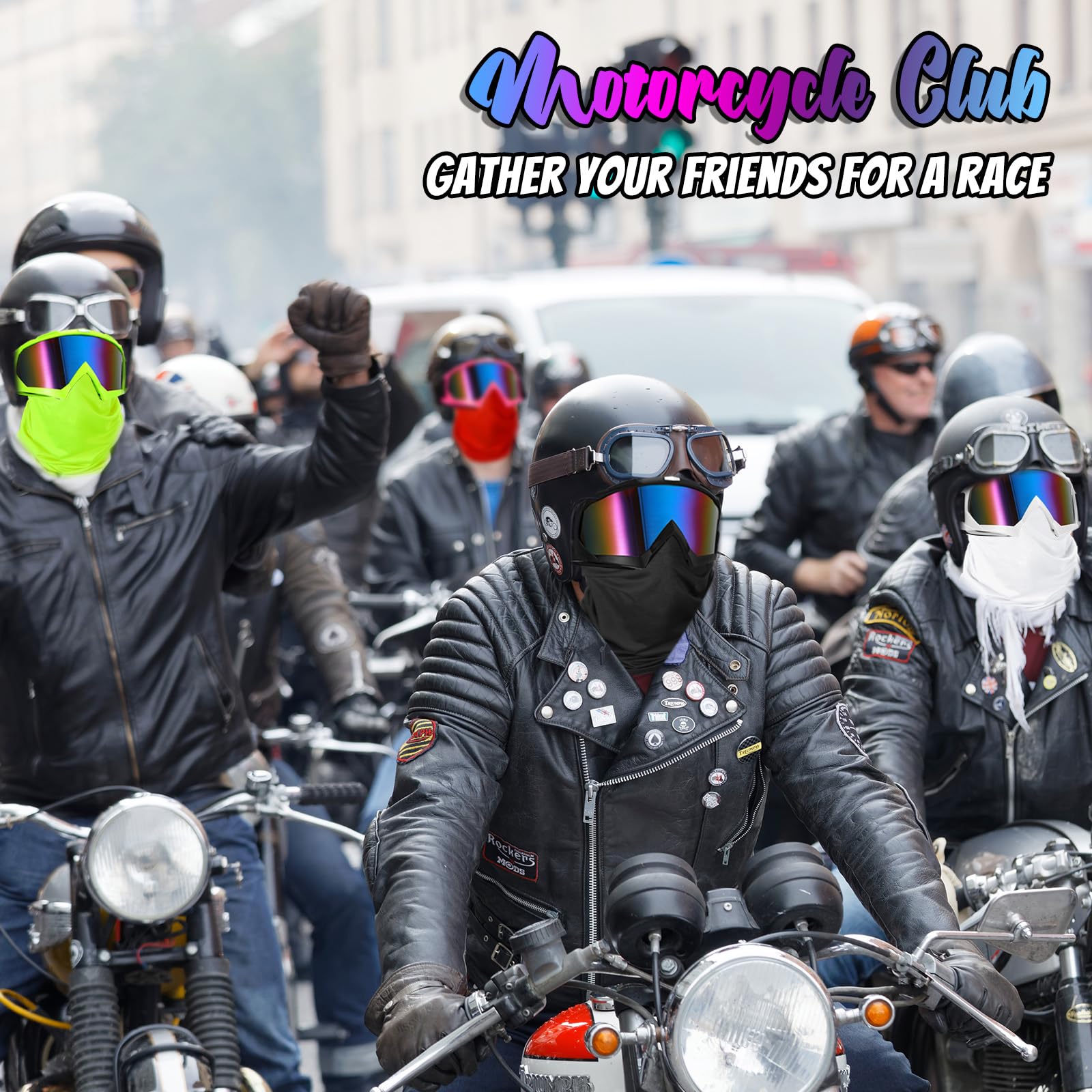 Person wearing Poen goggles and face cover on motorcycle for wind protection