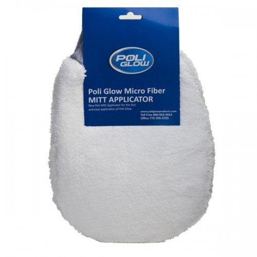 Poli Glow mitt front view showing microfiber texture and even product spread benefit