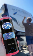 Poli Glow in use washing a boat hull to remove scum and road grime