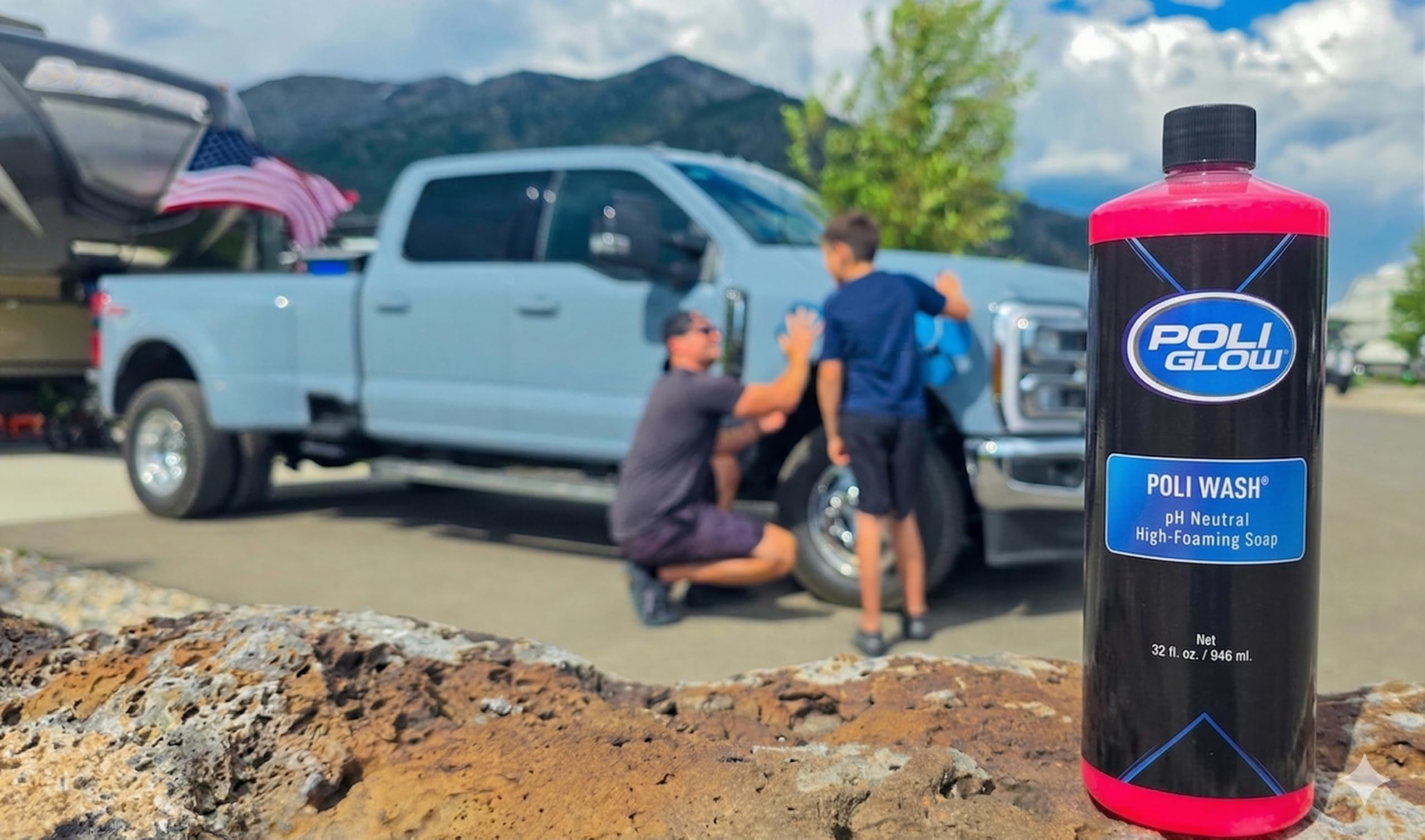 Poli Glow 32 oz bottle beside a coffee mug showing compact size and portability