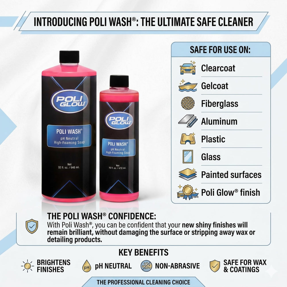 Poli Glow bottle on a dock near boats illustrating marina-friendly biodegradable formula