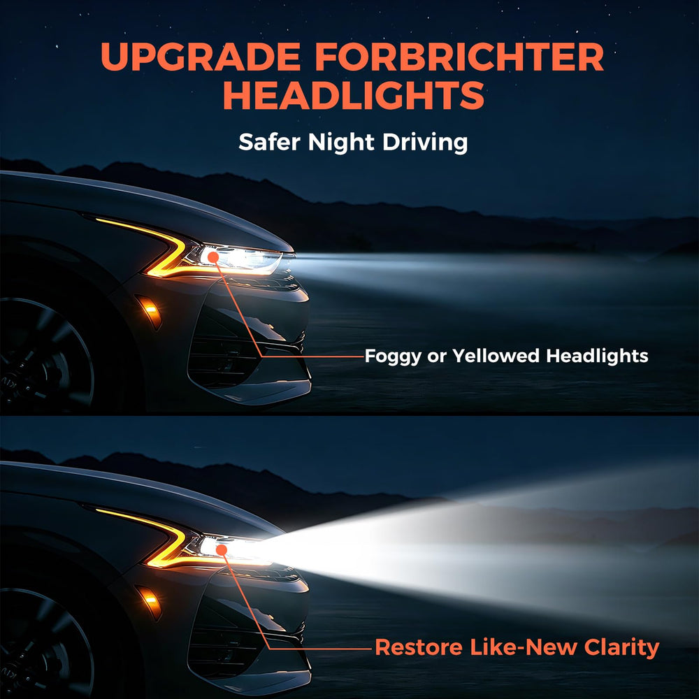 POLIWELL kit applied to vehicle headlight demonstrating brighter appearance