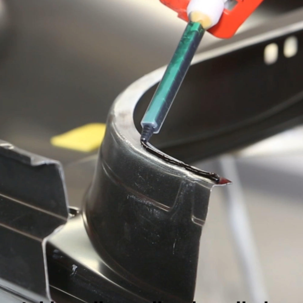Polymix adhesive bead applied to steel panel showing precise placement benefit